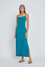 Teal Draped Neck Side Slit Maxi Dress