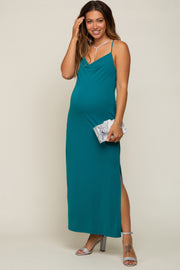 Teal Draped Neck Side Slit Maternity Maxi Dress