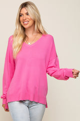 Pink Knit V-Neck Long Sleeve Top