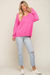 Pink Knit V-Neck Long Sleeve Top