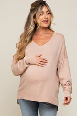 Taupe Knit V-Neck Long Sleeve Maternity Top