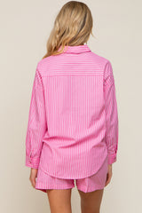 Pink Striped Button Up And Short Maternity Set