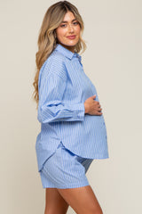 Blue Striped Button Up And Short Maternity Set