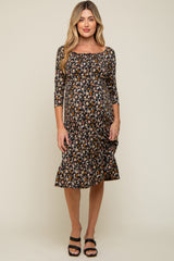 Black Floral Smocked 3/4 Sleeve Maternity Dress