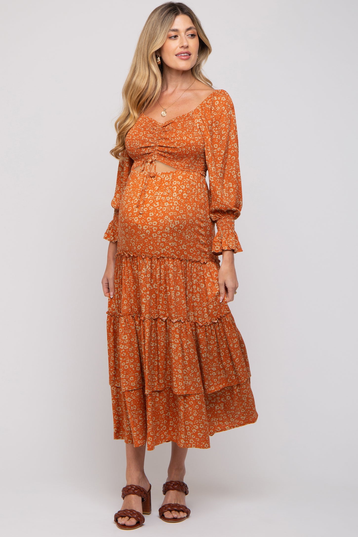 Rust Floral Smocked Front Cutout Tiered Maternity Maxi Dress– PinkBlush