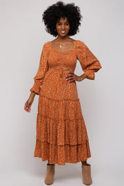 Rust Floral Smocked Front Cutout Tiered Maxi Dress