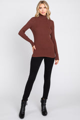 Brown Ribbed Fitted Long Sleeve Top