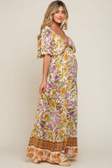 Cream Floral V-Neck Maternity Maxi Dress