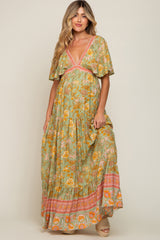 Light Olive Floral V-Neck Maternity Maxi Dress