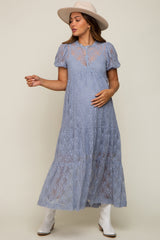 Blue Lace Tiered Maternity Midi Dress