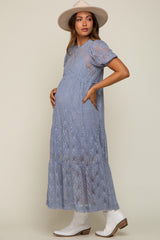 Blue Lace Tiered Maternity Midi Dress