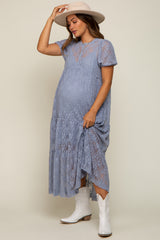 Blue Lace Tiered Maternity Midi Dress