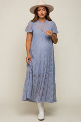 Blue Lace Tiered Maternity Midi Dress