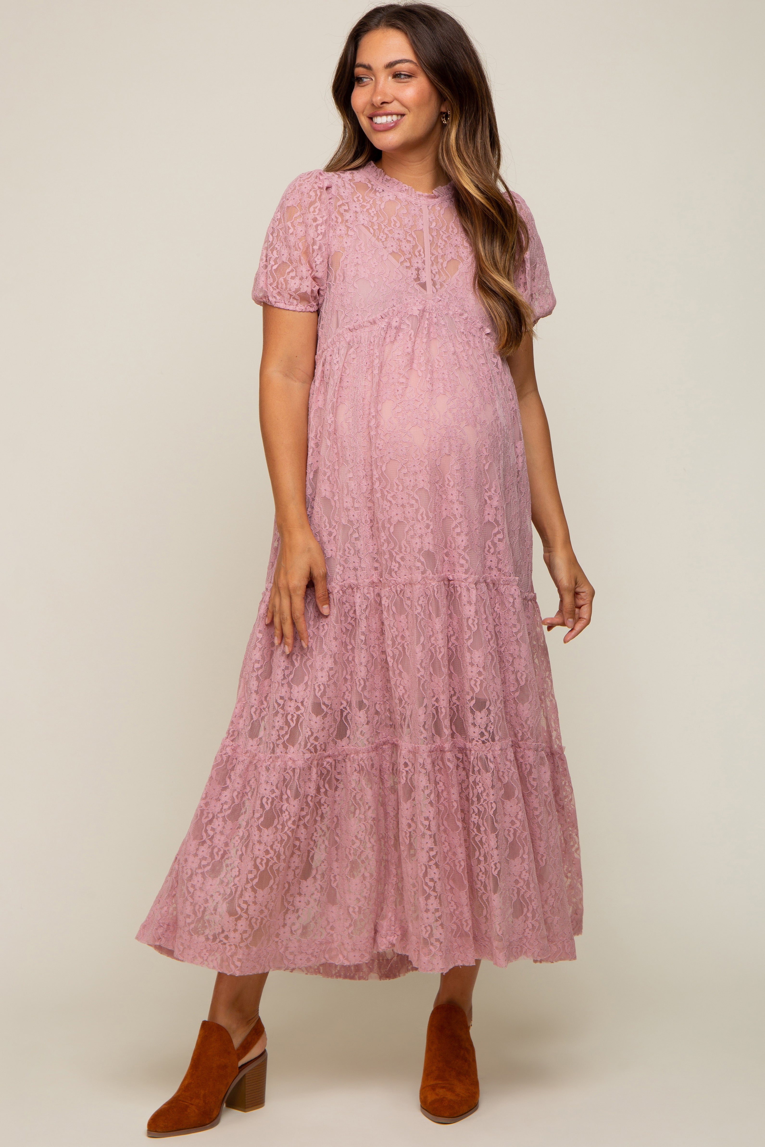 Mauve Lace Tiered Maternity Midi Dress PinkBlush