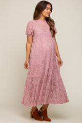 Mauve Lace Tiered Maternity Midi Dress