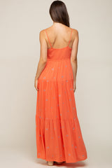 Coral Floral Embroidered Tiered Maternity Maxi Dress