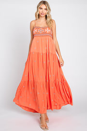 Coral Floral Embroidered Tiered Maxi Dress