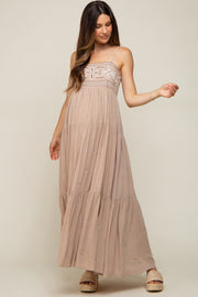 Light Mocha Floral Embroidered Tiered Maternity Maxi Dress