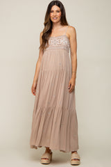 Light Mocha Floral Embroidered Tiered Maternity Maxi Dress