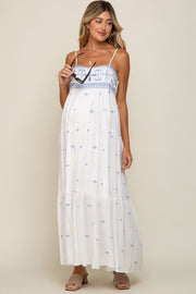 White Floral Embroidered Tiered Maternity Maxi Dress