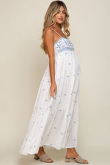 White Floral Embroidered Tiered Maternity Maxi Dress