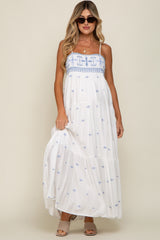 White Floral Embroidered Tiered Maternity Maxi Dress