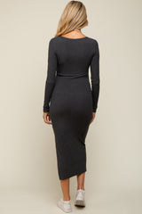 Charcoal Ribbed Front Button Long Sleeve Maternity Midi Dress