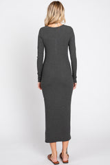 Charcoal Ribbed Front Button Long Sleeve Midi Dress