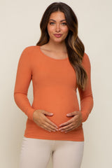 Orange Ribbed Long Sleeve Maternity Top