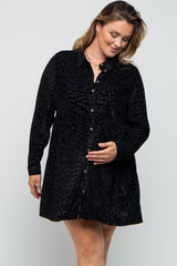 Black Burnout Velvet Maternity Plus Button Up Dress