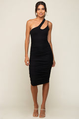 Black One Shoulder Double Strap Ruched Dress