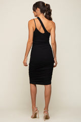 Black One Shoulder Double Strap Ruched Dress