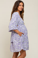 Lavender Floral Square Neck Back Cut Out Tie Maternity Dress