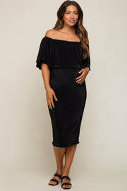 Black Pleated Rib Off Shoulder Maternity Dress