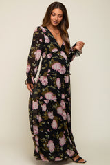 Black Floral Chiffon V-Neck Lettuce Edge Tiered Maternity Maxi Dress