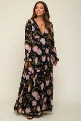 Black Floral Chiffon V-Neck Lettuce Edge Tiered Maternity Maxi Dress