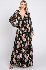 Black Floral Chiffon V-Neck Lettuce Edge Tiered Maxi Dress