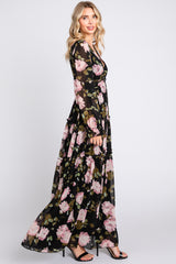 Black Floral Chiffon V-Neck Lettuce Edge Tiered Maxi Dress