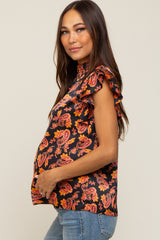 Black Paisley Satin Smocked Neck Maternity Blouse