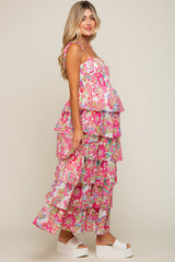 Fuchsia Floral Chiffon Smocked Shoulder Tie Ruffle Tiered Maternity Maxi Dress