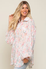 Pink Pleated Floral Oversized Blouse