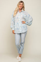 Blue Pleated Floral Oversized Blouse