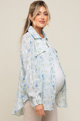 Blue Pleated Floral Oversized Maternity Blouse