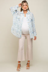 Blue Pleated Floral Oversized Maternity Blouse