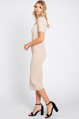 Taupe Collared Button Front Ribbed Midi Dress