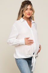 White Collared Button Down Knotted Maternity Shirt