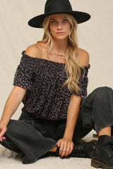 Black Smocked Neckline Off Shoulder Top