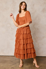 Camel Tulle Smocked Square Neck Tiered Midi Dress