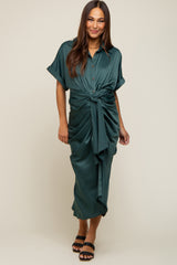 Green Satin Button Down Gathered Maternity Midi Dress