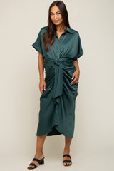 Green Satin Button Down Gathered Maternity Midi Dress